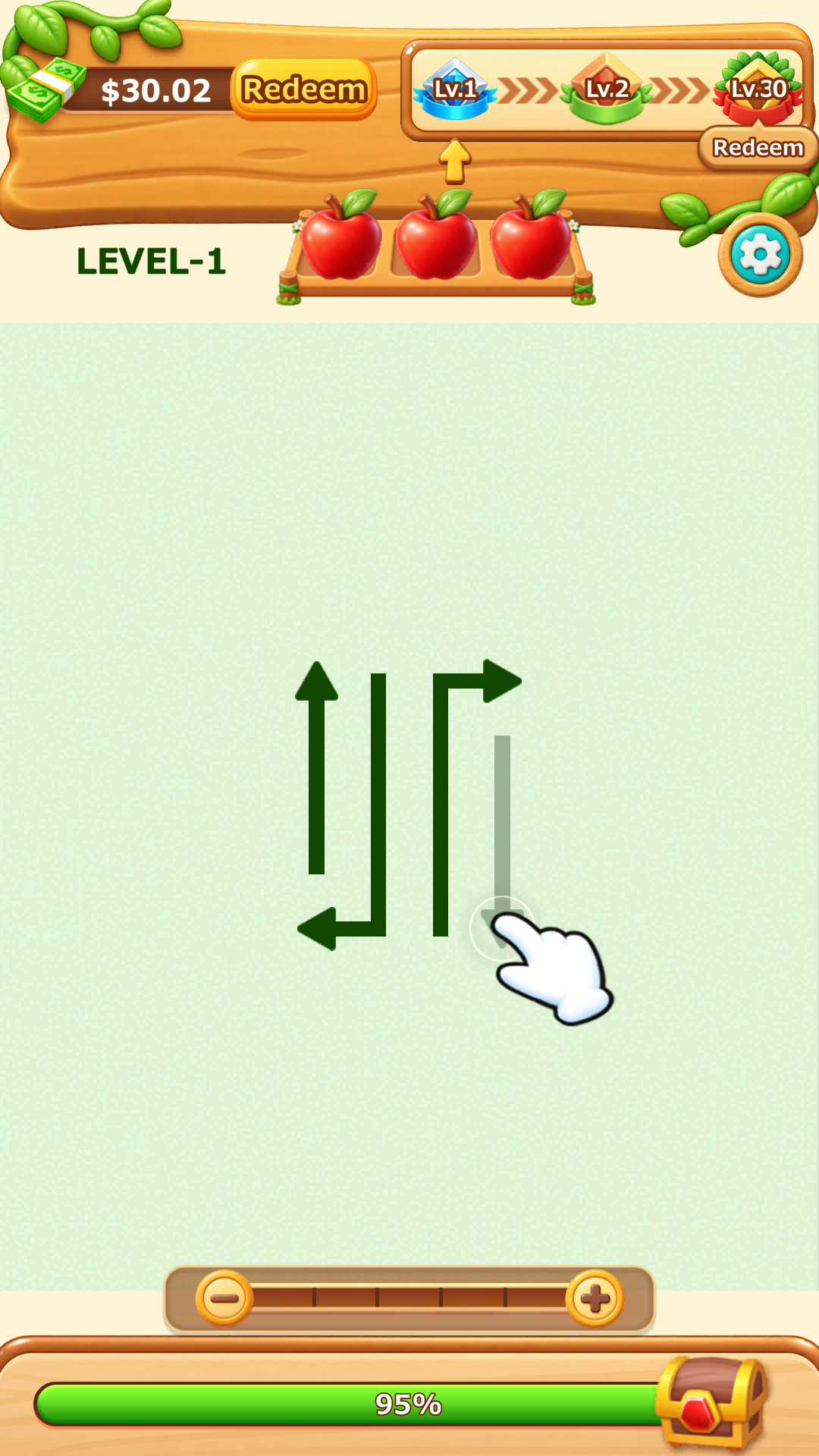 Current game board showing four winding green arrow paths and a hand indicating where to tap.