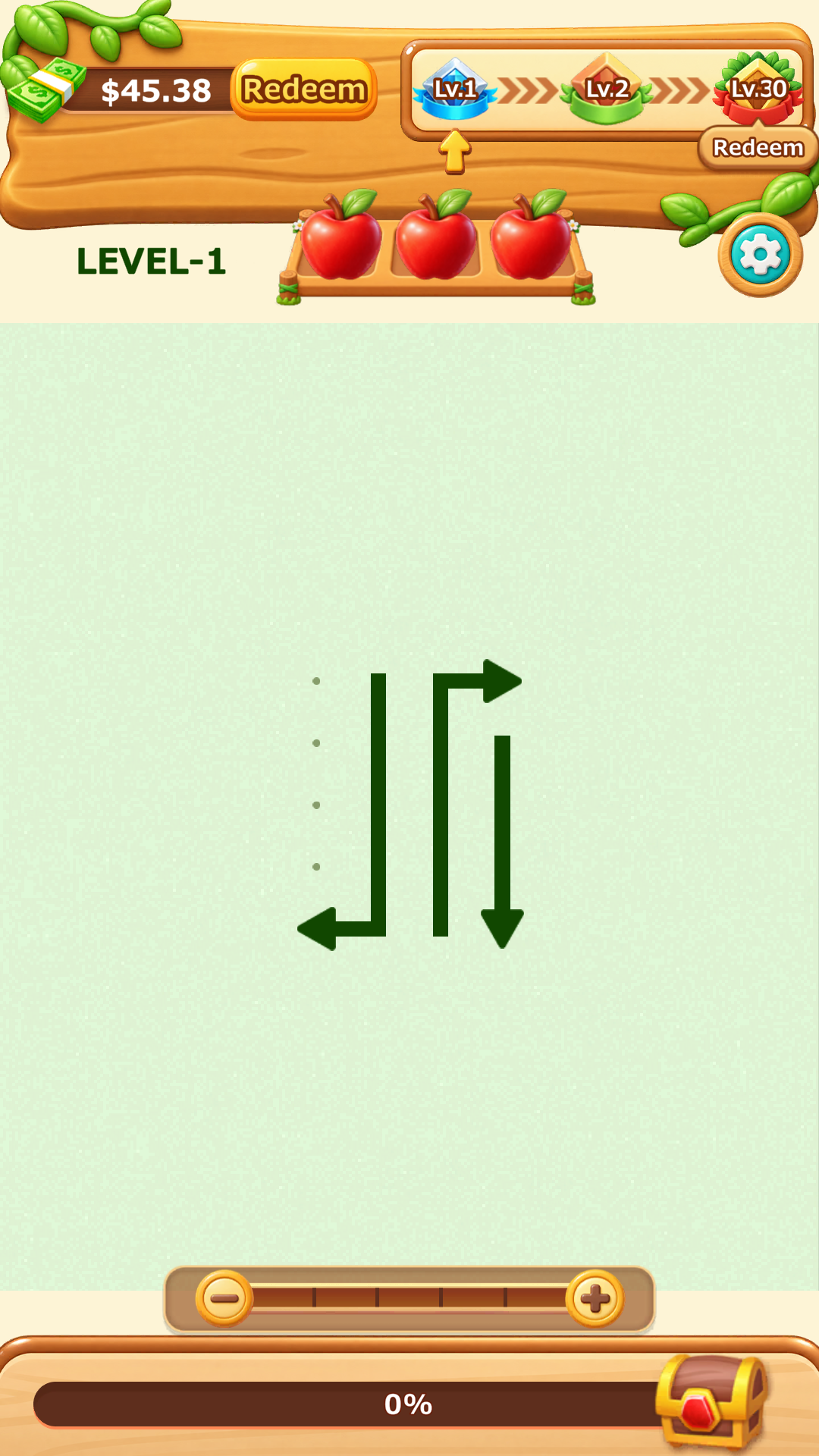 Game board detail with one arrow path removed and three green paths remaining.